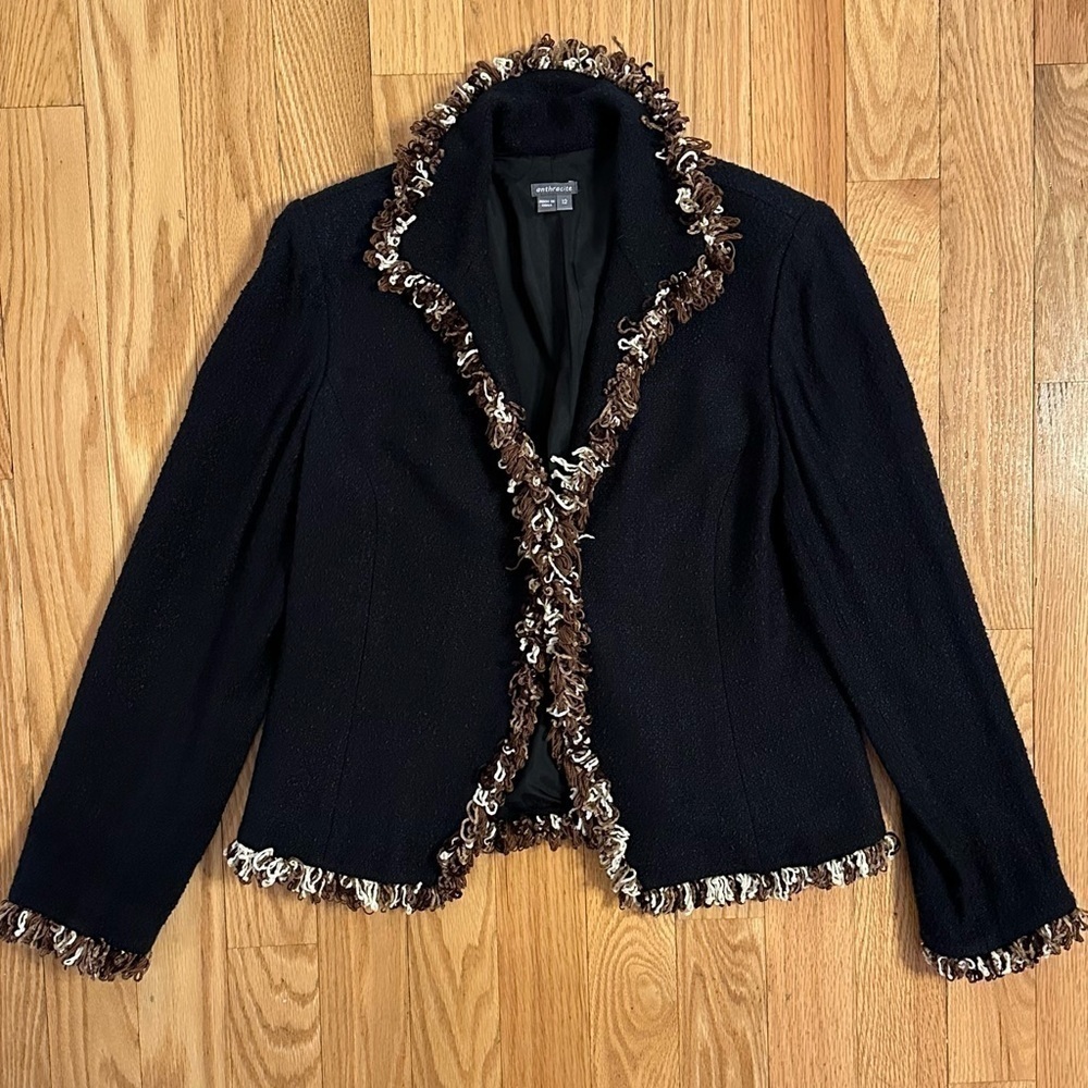 VTG Anthracite Womens Sz 12 Blazer Jacket Coat w Fringe Black Brown